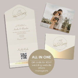 Elegant Goud Monogram Huwelijk QR Code All In One Uitnodiging