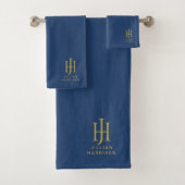 Elegant Goud Monogram Marine Blauw Bad Handdoek (Insitu)