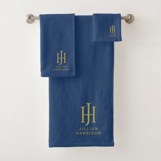 Elegant Goud Monogram Marine Blauw Bad Handdoek (Insitu)