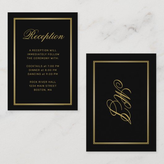 Elegant Goud Monogram Zwart Bruiloft Receptie Informatiekaartje (Voorkant / Achterkant)