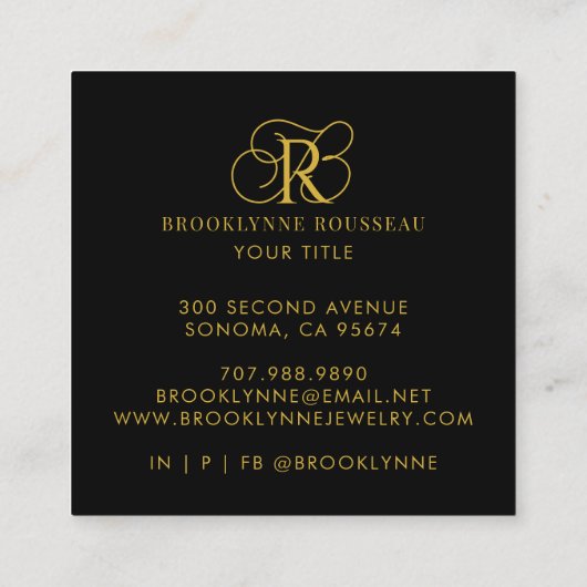 Elegant Goud Monogram Zwart Visitekaartje (Achterkant)