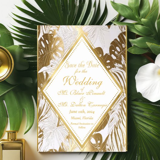 Elegant Goud Monstera Bruiloft Save The Date Kaart