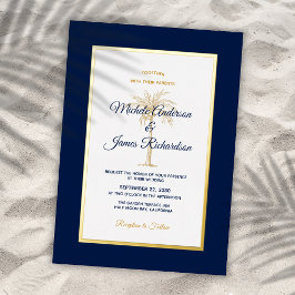 Elegant Goud Navy Blauw Palmboom Tropische bruilof Folie Uitnodiging
