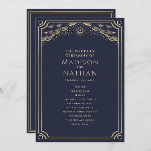 Elegant Goud & Navy Tarot Bruiloft Programmakaart (Voorkant / Achterkant)