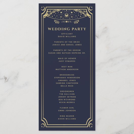 Elegant Goud & Navy Tarot Bruiloft Programmakaart (Achterkant)