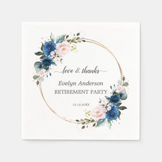 Elegant Goud Navyblauw Roze Bloemen Pensioen Servet (Voorkant)