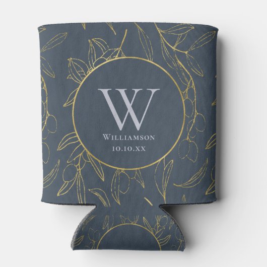 Elegant Goud Olijfblad Bloemen Monogram Bruiloft Blikjeskoeler (Achterkant)