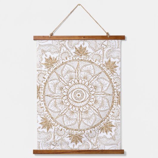 Elegant Goud Oog Zon Maan Mandala Wit Hangend Wandkleed (Voorkant)