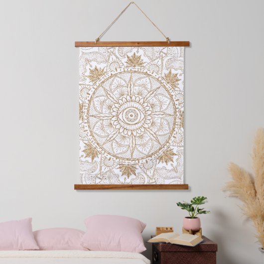 Elegant Goud Oog Zon Maan Mandala Wit Hangend Wandkleed (Slaapkamer)