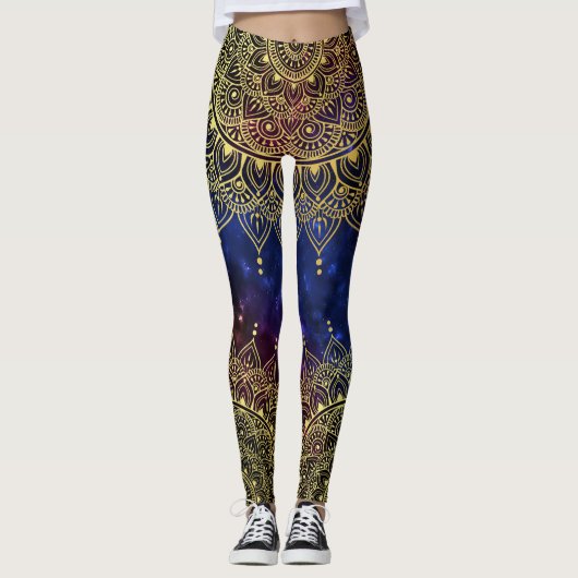 Elegant goud op donkere nevel Bloemen Henna Mandal Leggings (Voorkant)