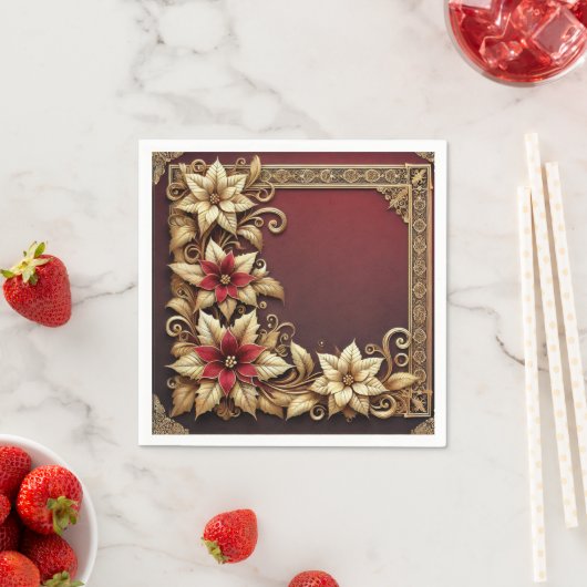 Elegant goud op rode Poinsettia Lijst Decoupage Servet (Insitu)