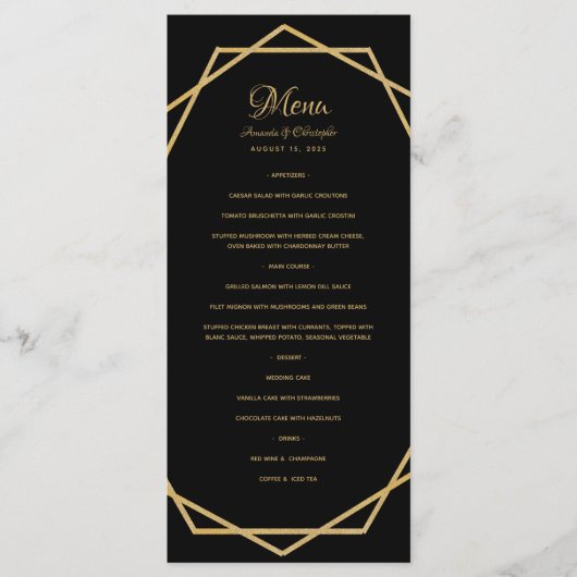 Elegant Goud op Zwart Modern Geometrisch Bruiloft Menu (Voorkant)