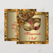 Elegant goud oranje rood masqueradefeest kaart (Voorkant / Achterkant)