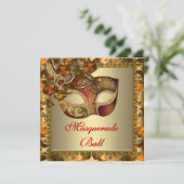 Elegant goud oranje rood masqueradefeest kaart (Staand voorkant)