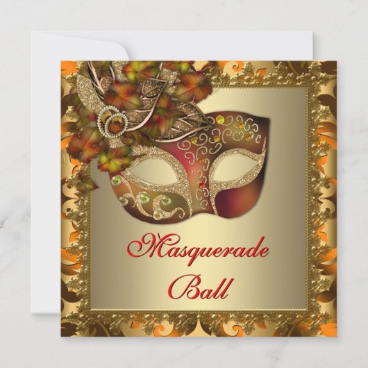 Elegant goud oranje rood masqueradefeest kaart (Voorkant)