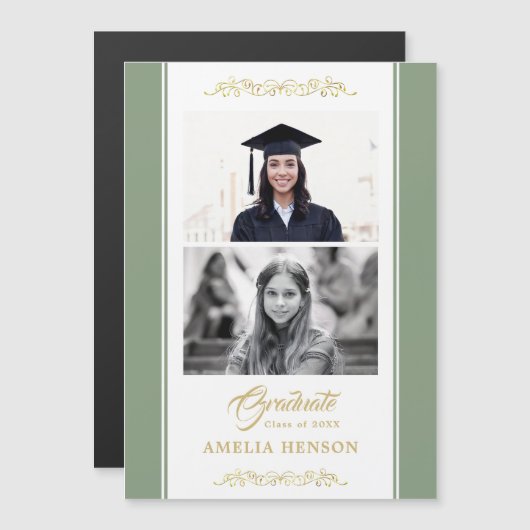 Elegant Goud Ornament Afstuderen 2 Foto Magnetisch Magnetische Uitnodiging (Voorkant / Achterkant)