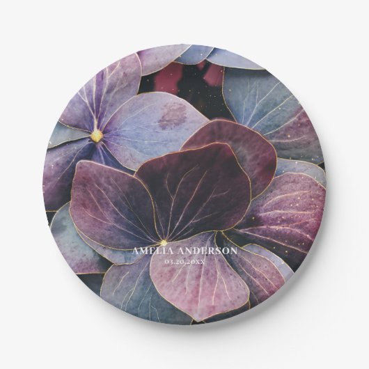 Elegant Goud Paarse Blauw Hydrangeas Verjaardagsfe Papieren Bordje (Voorkant)