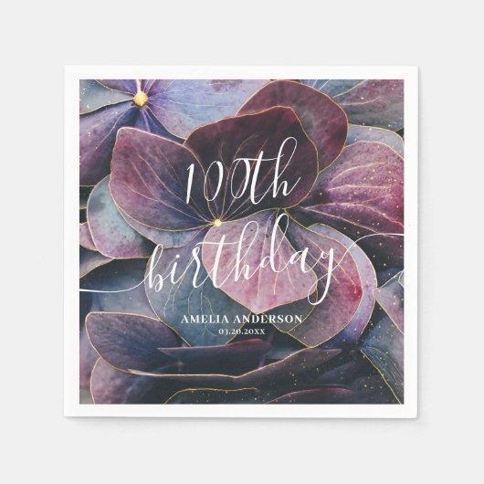 Elegant Goud Paarse Blauwe Hortensia's 100e Verjaa Servet (Voorkant)