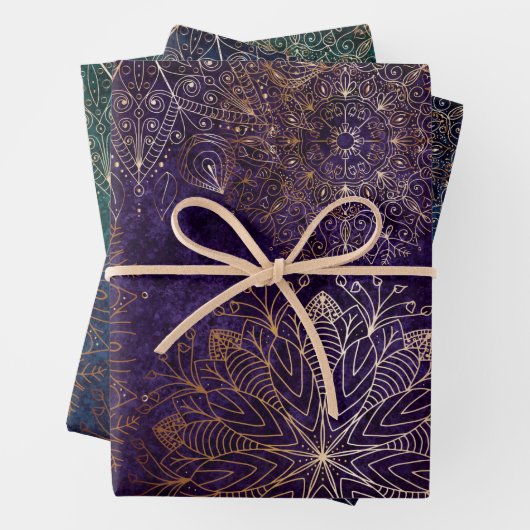 Elegant Goud Paarse Blauwgroen & Blauwe Bloemen Ma Inpakpapier Vel (In situ)