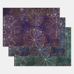 Elegant Goud Paarse Blauwgroen & Blauwe Bloemen Ma Inpakpapier Vel
