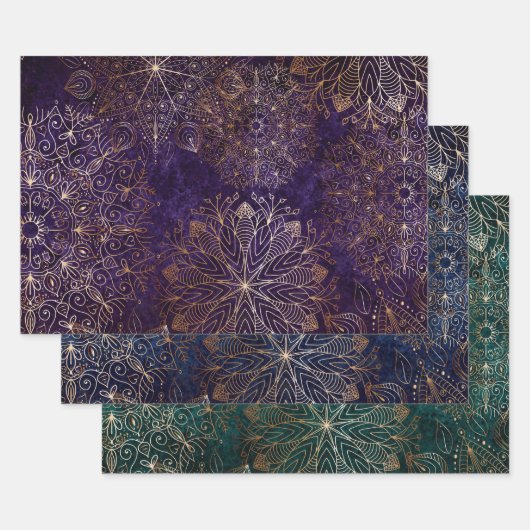 Elegant Goud Paarse Blauwgroen & Blauwe Bloemen Ma Inpakpapier Vel (Set)