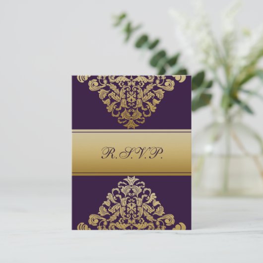 Elegant goud paarse bruiloft RSVP (Staand voorkant)