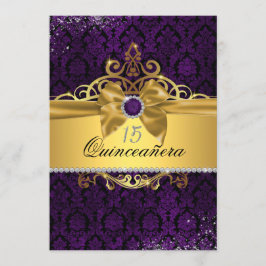 Elegant Goud Paarse Damast Quinceanera Invite Kaart