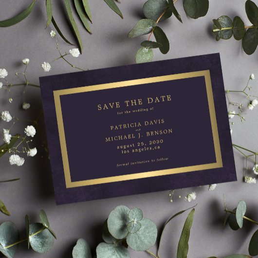Elegant goud paarse eenvoudige typografie bruiloft save the date