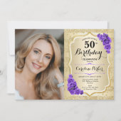 Elegant Goud Paarse Foto 50e Verjaardag Kaart (Voorkant)