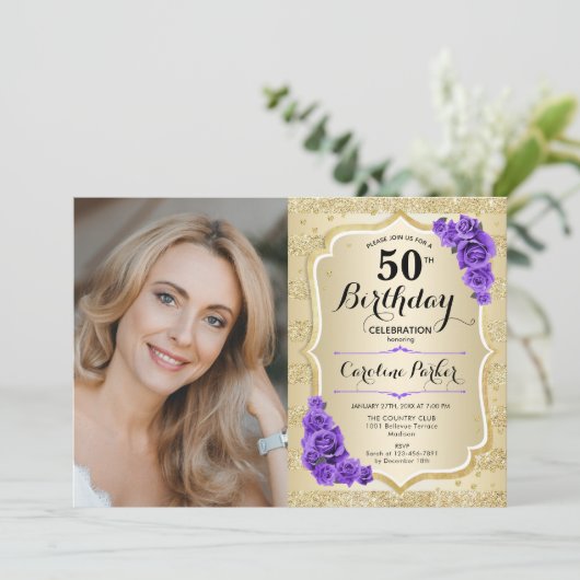 Elegant Goud Paarse Foto 50e Verjaardag Kaart (Staand voorkant)