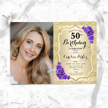 Elegant Goud Paarse Foto 50e Verjaardag Kaart<br><div class="desc">Elegante bloemenvrouwelijke 50e verjaardagsuitnodiging met uw foto. Glam ontwerp met faux glitter goud. Met strepen,  paarse rozen,  script lettertype en confetti. Perfect voor een stijlvol volwassen feestje. Personaliseer met je eigen gegevens. Kan voor om het even welke leeftijd worden aangepast! Gedrukte Zazzle-uitnodigingen of direct download digitale afdrukbare sjabloon.</div>