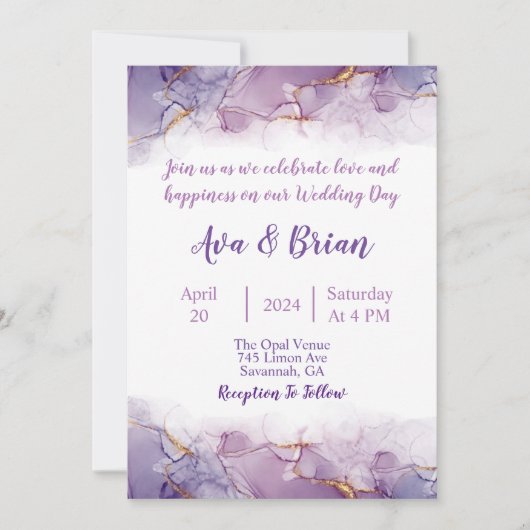 Elegant Goud Paarse Marmeren Waterverf Bruiloft Kaart (Voorkant)