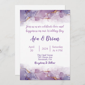 Elegant Goud Paarse Marmeren Waterverf Bruiloft Kaart