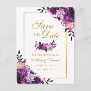 Elegant Goud Paarse Violet Bloemen Save the Date Aankondigingskaart