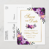 Elegant Goud Paarse Violet Bloemen Save the Date Aankondigingskaart (Voorkant / Achterkant)