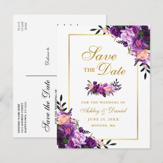 Elegant Goud Paarse Violet Bloemen Save the Date Aankondigingskaart (Voorkant / Achterkant)