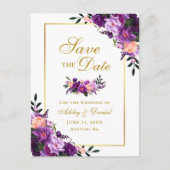 Elegant Goud Paarse Violet Bloemen Save the Date Aankondigingskaart (Voorkant)