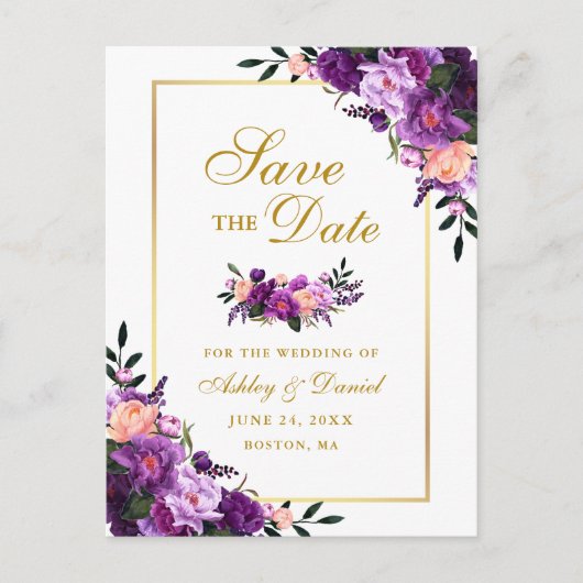 Elegant Goud Paarse Violet Bloemen Save the Date Aankondigingskaart (Voorkant)