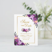 Elegant Goud Paarse Violet Bloemen Save the Date Aankondigingskaart (Staand voorkant)