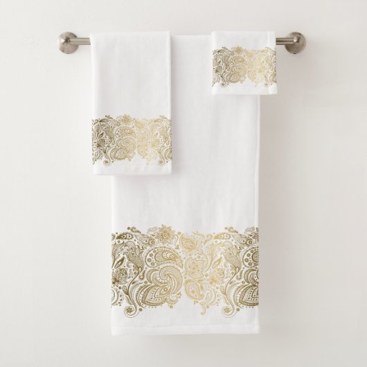 Elegant Goud Paisley Bloemen Streep Bad Handdoek (Insitu)