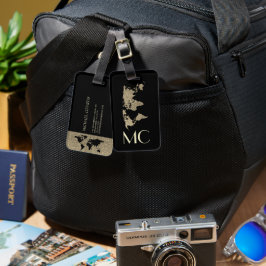 Elegant Goud Reizen Wereldkaart Monogram Naam Bagagelabel