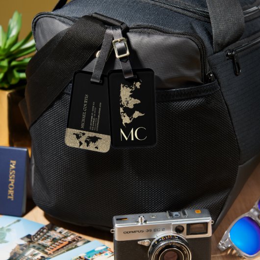 Elegant Goud Reizen Wereldkaart Monogram Naam Bagagelabel (Voorkant /achterkant)