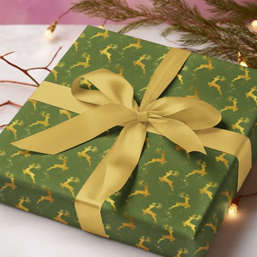 Elegant Goud Rendier Groene Kerstvakantie Cadeaupapier