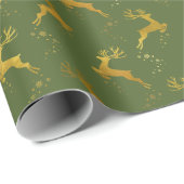Elegant Goud Rendier Groene Kerstvakantie Cadeaupapier (Rol Hoek)