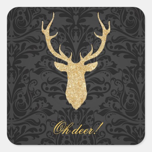 Elegant goud rendier hoofd silhouet zwart damast vierkante sticker (Voorkant)