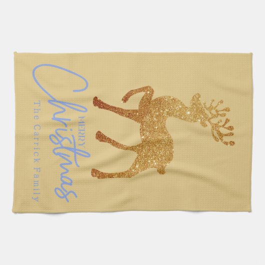 Elegant goud rendier vrolijk kerstscript theedoek (Horizontaal)