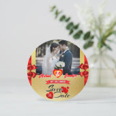 Elegant Goud & Rode Lint Custom Foto Bruiloft Save The Date (Staand voorkant)