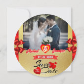 Elegant Goud & Rode Lint Custom Foto Bruiloft Save The Date (Voorkant)