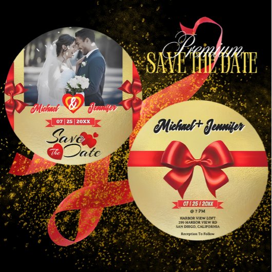 Elegant Goud & Rode Lint Custom Foto Bruiloft Save The Date