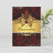 Elegant Goud Rood Damast Quinceanera Uitnodigen Kaart (Staand voorkant)